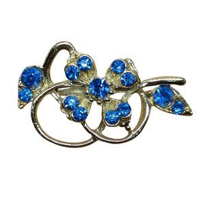 Vintage Gold Tone Floral Pin Brooch With Blue Rhinestones